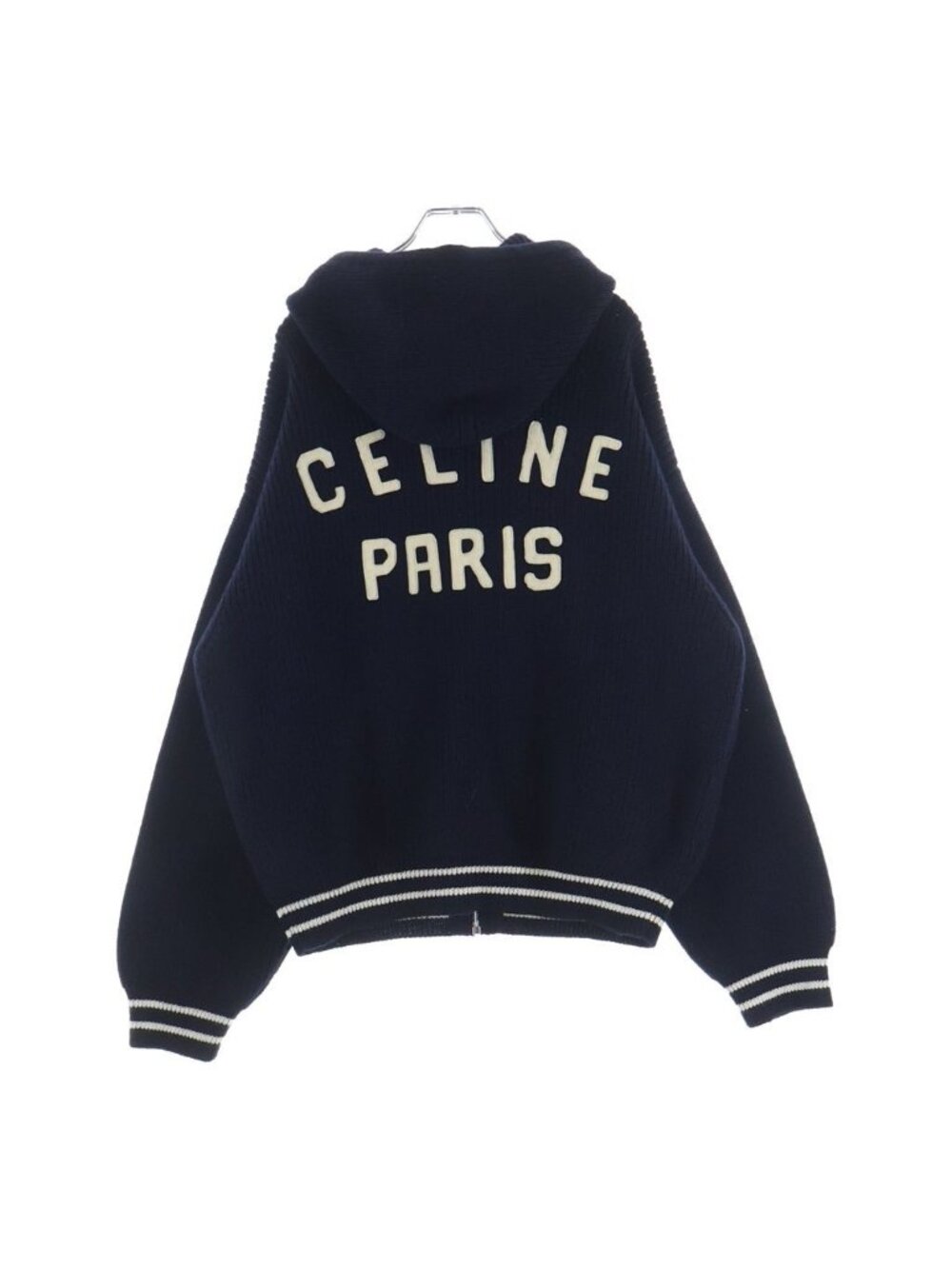 Celine Carre C Logo Zip Up Wool Knit Hoodie Navy